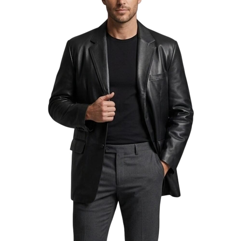 Vintage J. Ferrar Men's Black Genuine Leather Two Button Blazer Coat Size Large